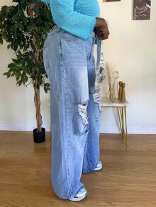 Truni 大码女款蓝色不对称腰线破洞阔腿牛仔裤 - 藍色 - 查看 4