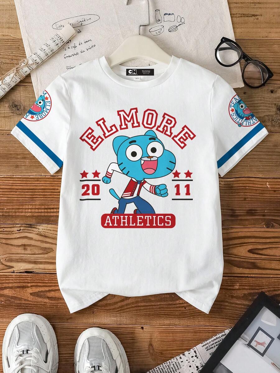 GUMBALL X SHEIN Áo thun tay ngắn họa tiết hoạt hình và chữ cái thường ngày cho bé trai tuổi mới lớn, mùa hè - trắng - Xem 1
