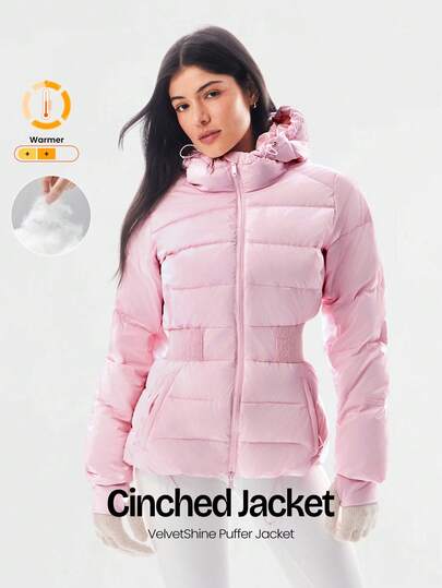 GLOWMODE VelvetShine Soft Lightweight Glossy Warm Water-Repellent Wide Elastic Waistband Adjustable Drawstring Hem Hood Down-Proof Slim-Fit Hooded Full-Zip Puffer Jacket Autumn Winter Outdoor Daily Casual