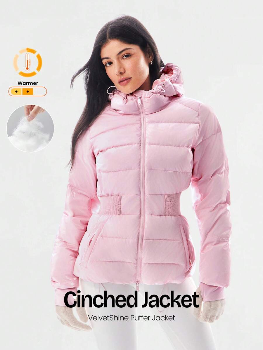 GLOWMODE VelvetShine Soft Lightweight Glossy Warm Water-Repellent Wide Elastic Waistband Adjustable Drawstring Hem Hood Down-Proof Slim-Fit Hooded Full-Zip Puffer Jacket Autumn Winter Outdoor Daily Casual - 淺粉色 - 查看 1