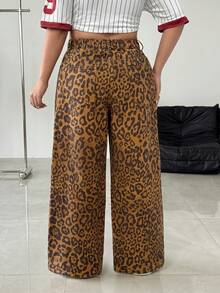 Flirla Plus Size Women's Y2K Streetwear Leopard Print Baggy Jeans - Multicolor - View 2