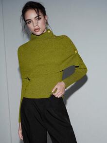 SHEIN Luminelle 新款女士金属纽扣装饰长袖针织毛衣斗篷 - 綠色 - 查看 7