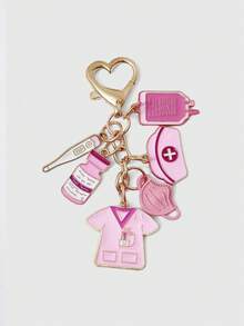 ROMWE Kawaii Alloy Nurse And Doctor Themed Pendant, Pink Keychain, Decorative Ladies' Pendant With Buckle, Keychain, Perfect For International Nurses' Day Gift, Classic, Gift, Couple Pendant, Suitable For Bags, Keys, Headphones, Phone Cases, Nurse Theme, Thank You Nurse - Pink - View 1