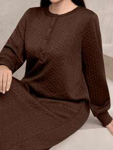 Modelyn Plus Size Women Casual Textured Fabric Round Neck Loose Long Sweatshirt, Green, Autumn/Winter - Coffee Brown - View 5