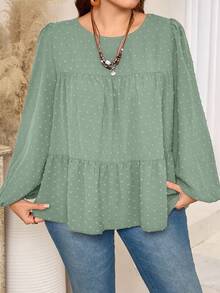 EMERY ROSE Blus Wanita Ukuran Besar Warna Hijau Sage Musim Gugur Elegan Formal Longgar Leher Bulat Lengan Lentera Hem Berkerut, Atasan Pesta Tahun Baru Natal Gaya Boho - Hijau - View 3