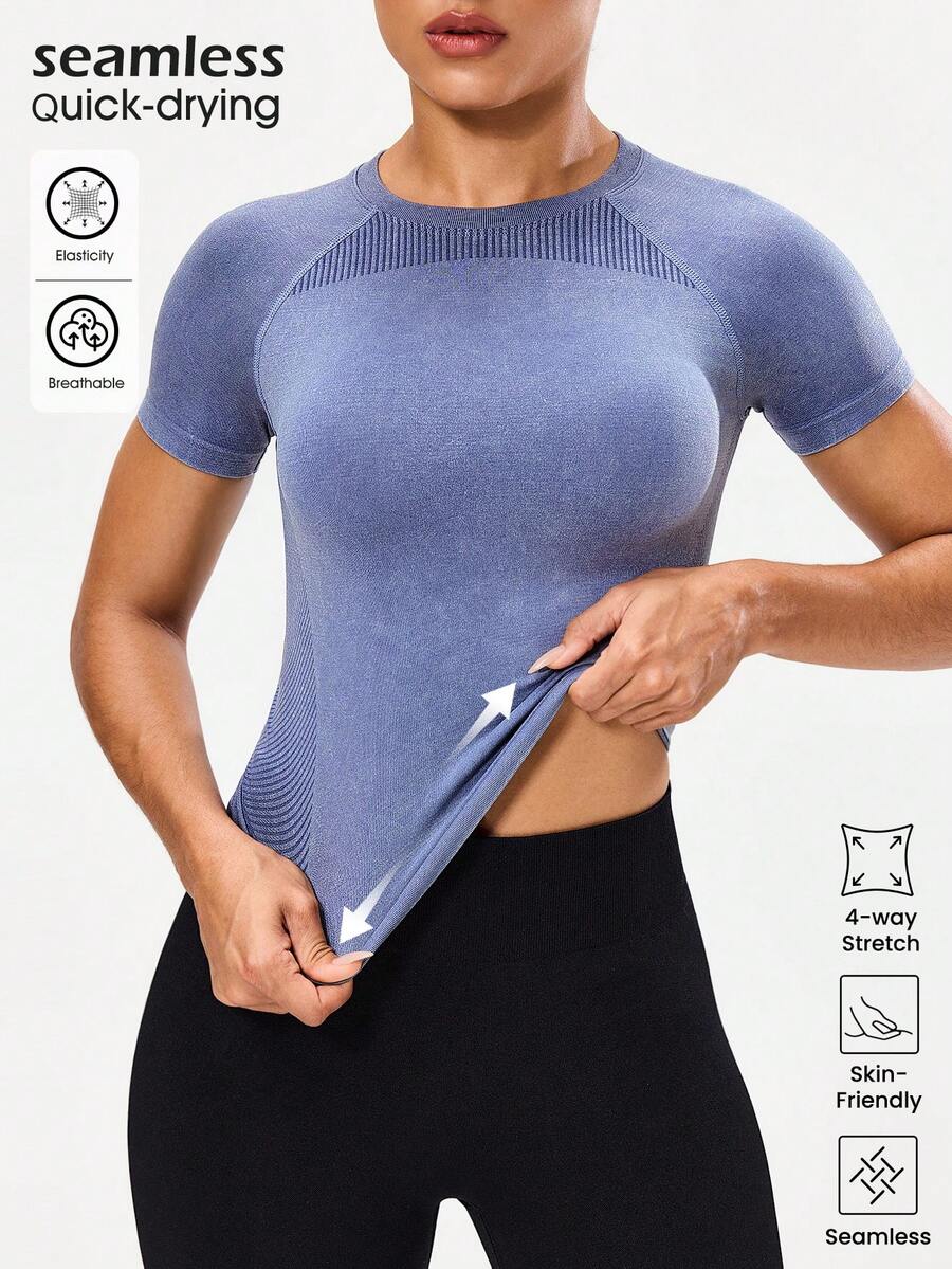 Seamluxe SHEIN Sport 女士哑光修身运动T恤，瑜伽跑步健身短袖上衣 - 灰色 - 查看 1