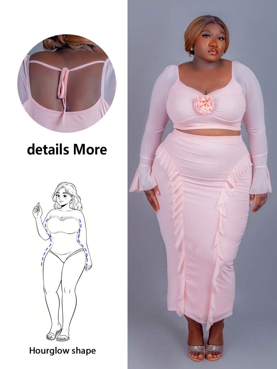 Fall Clothes For Women,WinterPlus Size Casual Vacation Solid Color Long Sleeve Top And Skirt 2 Pieces Set - Dusty Pink - View 1