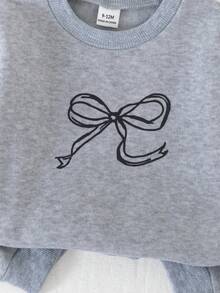 Sweetra 女婴幼儿新生儿0-3岁休闲日常百搭宽松蝴蝶羊毛圆领长袖卫衣+打底裤套装，秋冬 - 灰色 - 查看 4