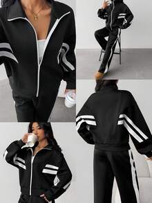 SHEIN 2件套少女宽松休闲舒适撞色抽绳连帽衫和裤子套装 - 黑色 - 查看 1