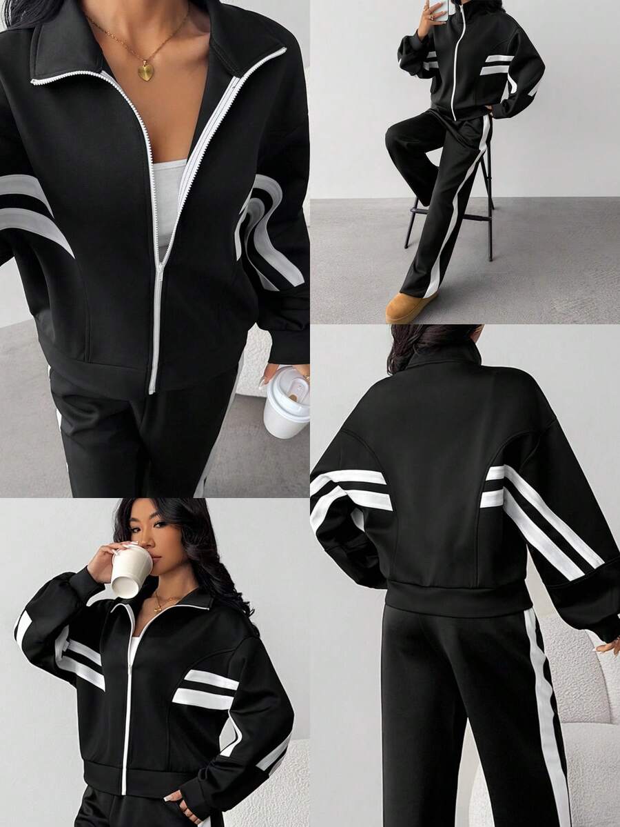 SHEIN 2件套少女宽松休闲舒适撞色抽绳连帽衫和裤子套装 - 黑色 - 查看 1
