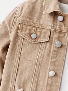 SHEIN 男童两件套时尚休闲蓝色镂空破洞磨边牛仔长袖外套和弹力镂空破洞磨边修身牛仔裤，适合日常穿着和男童秋季服装搭配。 - 卡其色 - 查看 3