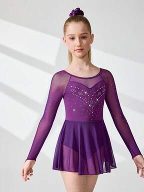 SHEIN Tween-Mädchen Eiskunstlaufkleid, lila Blumenmuster, hochelastischer, weicher Stoff mit funkelnden Strasssteinen, fließender Netzrock, geeignet für Eiskunstlaufwettbewerbe und Tanzaufführungen