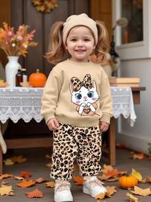 2pcs/Set Baby Girl Cute Cat & Leopard Print Bow Graphic Print Sweatshirt And Leopard Print Pants Set, Suitable For Autumn/Winter - Multicolor - View 1