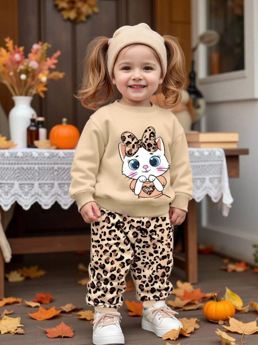 2pcs/Set Baby Girl Cute Cat & Leopard Print Bow Graphic Print Sweatshirt And Leopard Print Pants Set, Suitable For Autumn/Winter - Multicolor - View 1