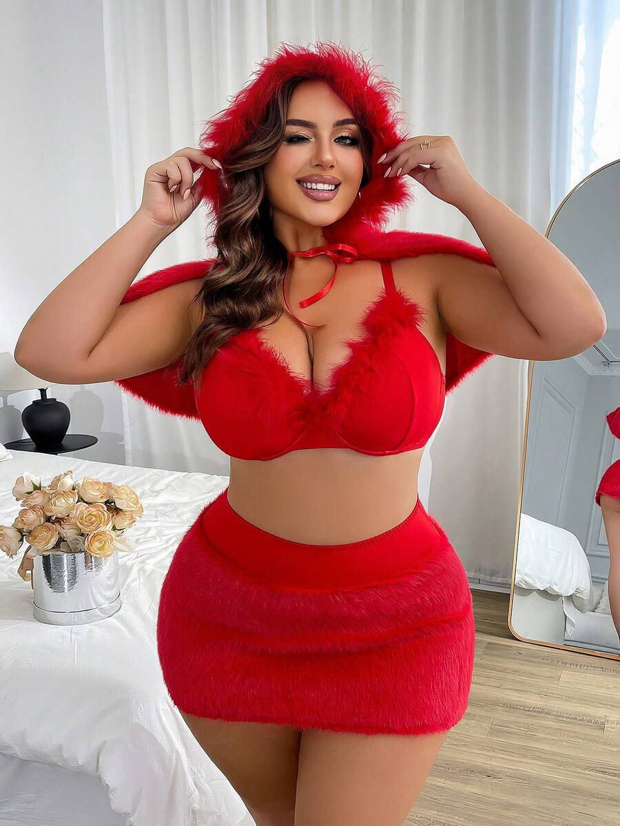 Fantasy Costume Bộ đồ lót 4 món cỡ lớn (Áo ngực có gọng, Quần lọt khe, Chân váy ngắn, Áo choàng) - Đỏ - Xem 1