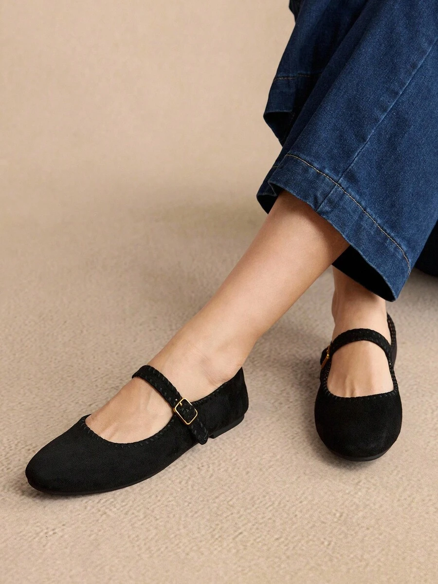 2025夏季新款法式方头百搭黑色镂空编织带低帮透气舒适平底女鞋 - 黑色 - 查看 1