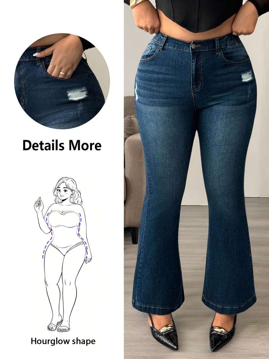 Hourglow Plus Size Women Casual Commuter Street Distressed Flare Jeans/Autumn /Winter - Blue - View 1
