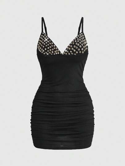 Grunge Punk Sexy Dark PUNK Rivet Patchwork Ruched Mini Dress For Women