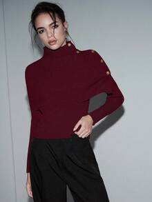 SHEIN Luminelle 全新女式金属纽扣装饰长袖针织毛衣斗篷 - 紅色 - 查看 5