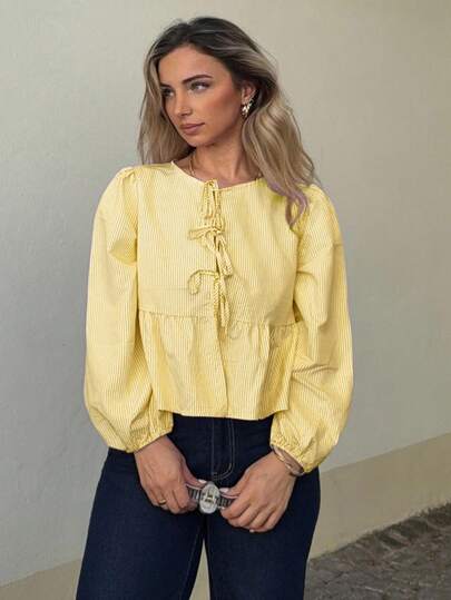 Jeta Ari Women Front Tie Long Sleeve Pleated Striped Casual Top, Everyday Wear