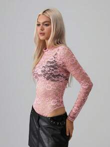 SHEIN Unity Ladies' Simple & Versatile Lace Bodysuit For Holiday Party Clothes - Pink - View 3