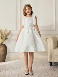 Mädchen Prinzessin Kleid, süß & elegant Kinder Geburtstags Party Kleid, Blumenmädchen Hochzeitskleid, französischer Stil hochwertig mit großer Schleife verziertes Kleid - Weiss - Übersicht 4