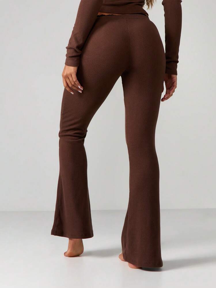 MISSGUIDED Leggings acanalados con volantes y adorno de encaje de cintura alta, pantalones campana para otoño e invierno, ropa de estar en casa