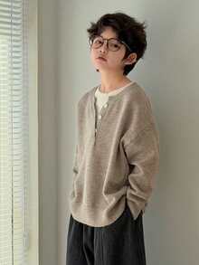 DAZY Tween Boy Button Crew Neck Casual Versatile Long Sleeve Pullover Sweater