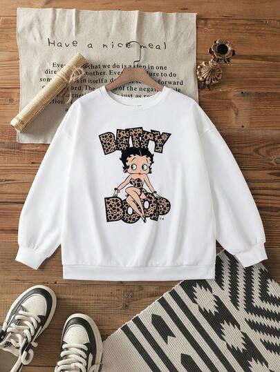 Betty Boop x SHEIN Plus Size Casual Leopard Print, Letter & Cartoon Figure Graphic Crew Neck Sweatshirt, Autumn Cute Sweatshirt Leopard Print Sweatshirt Graphic Print Sweatshirt Long Sleeve Sweatshirt Graphic Sweatshirt