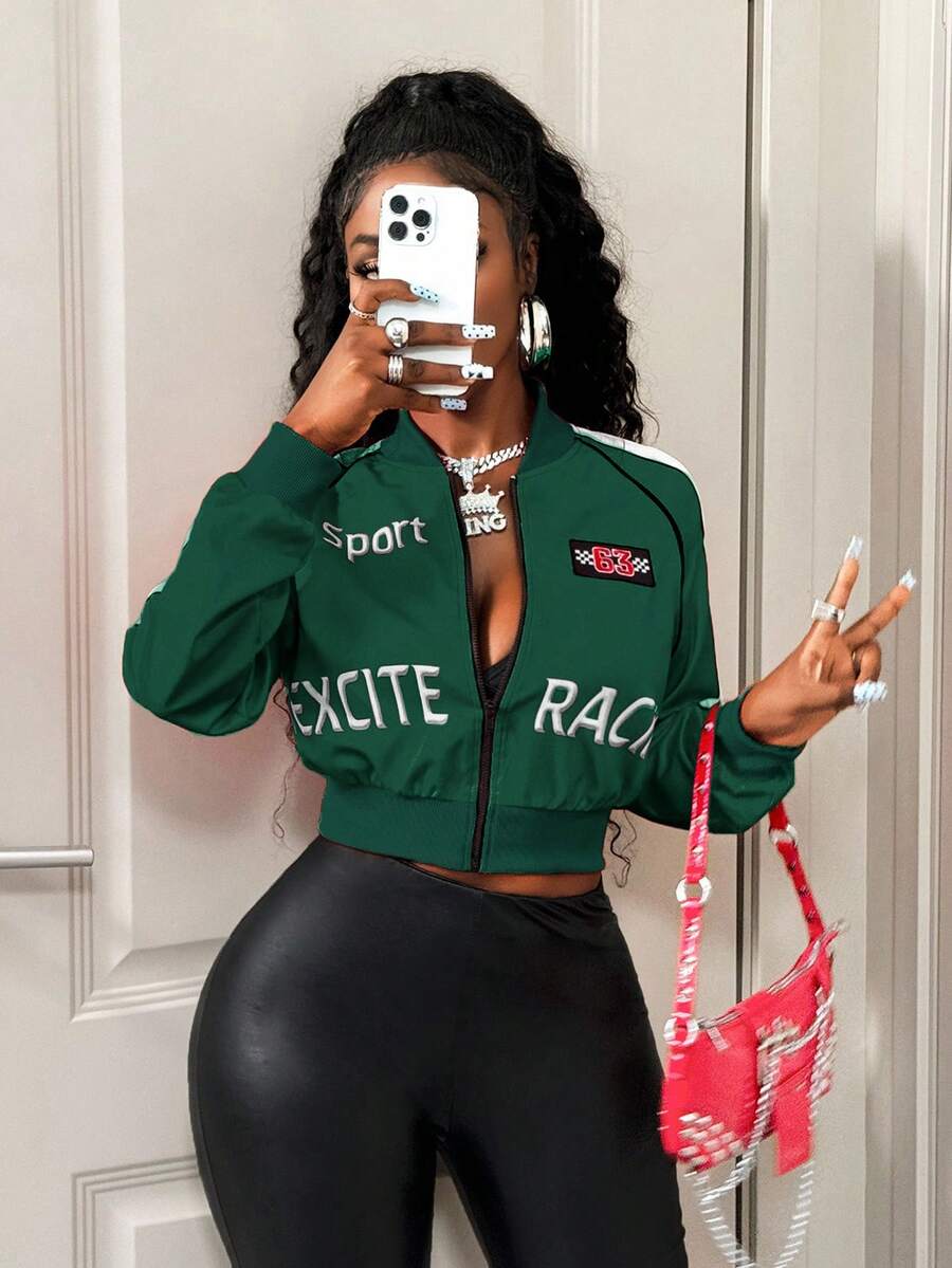 BamGleam Chaqueta casual ajustada con cremallera y estampado de letras, para mujer en invierno - Verde Oscuro - Ver 1