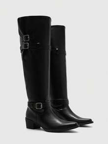 CUCCOO BIZCHIC Women's Fashionable Versatile Commuting Adjustable Buckle Chunky Heel Over-The-Knee Boots For Christmas - Black - View 7