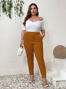 SHEIN Privé 大码纯色褶皱修身口袋打底裤 - 巧克力棕 - 查看 5