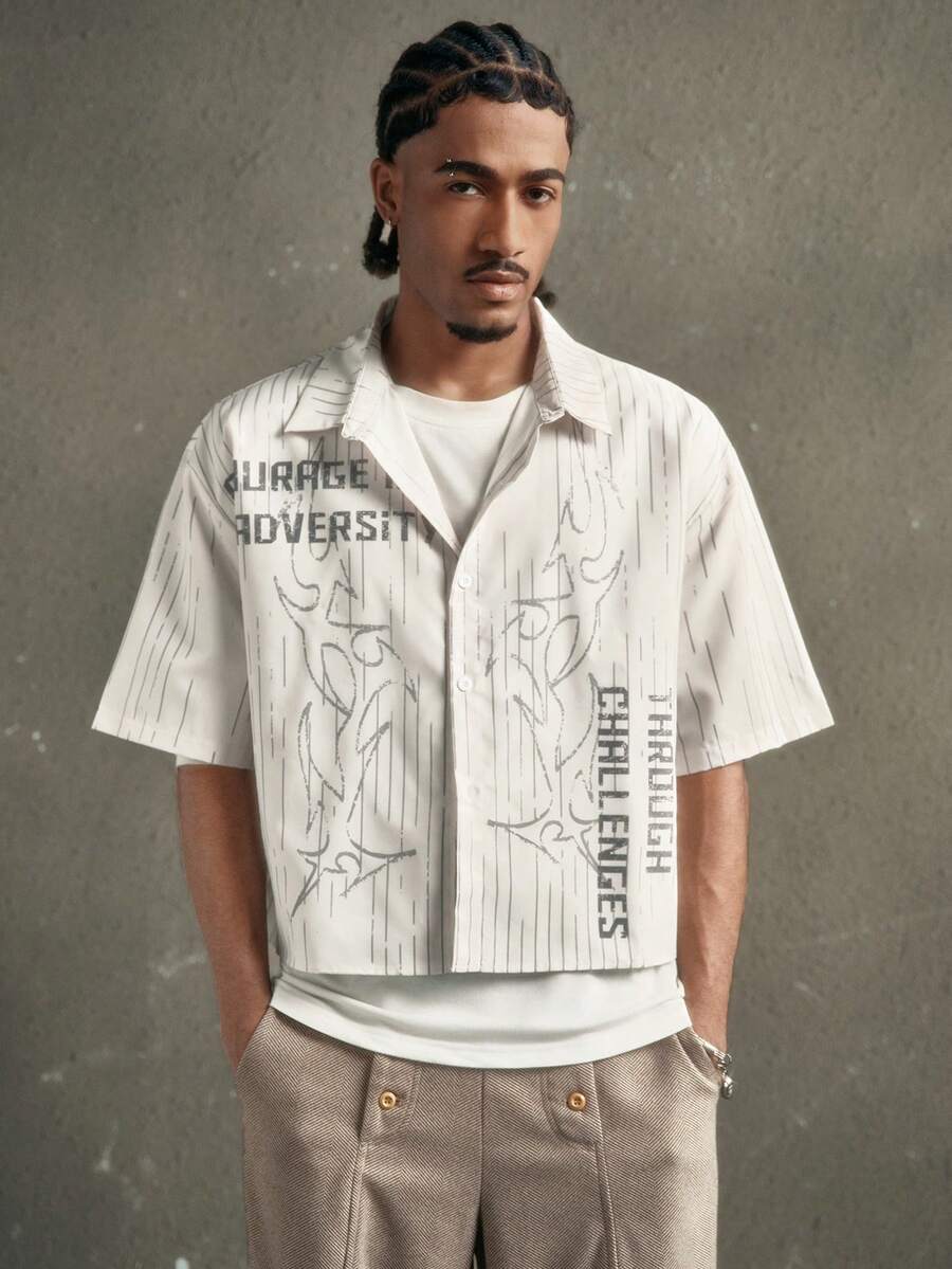 AXEPEAK 男士休闲时尚街头字母条纹印花宽松短袖衬衫，夏季 - 彩色 - 查看 1