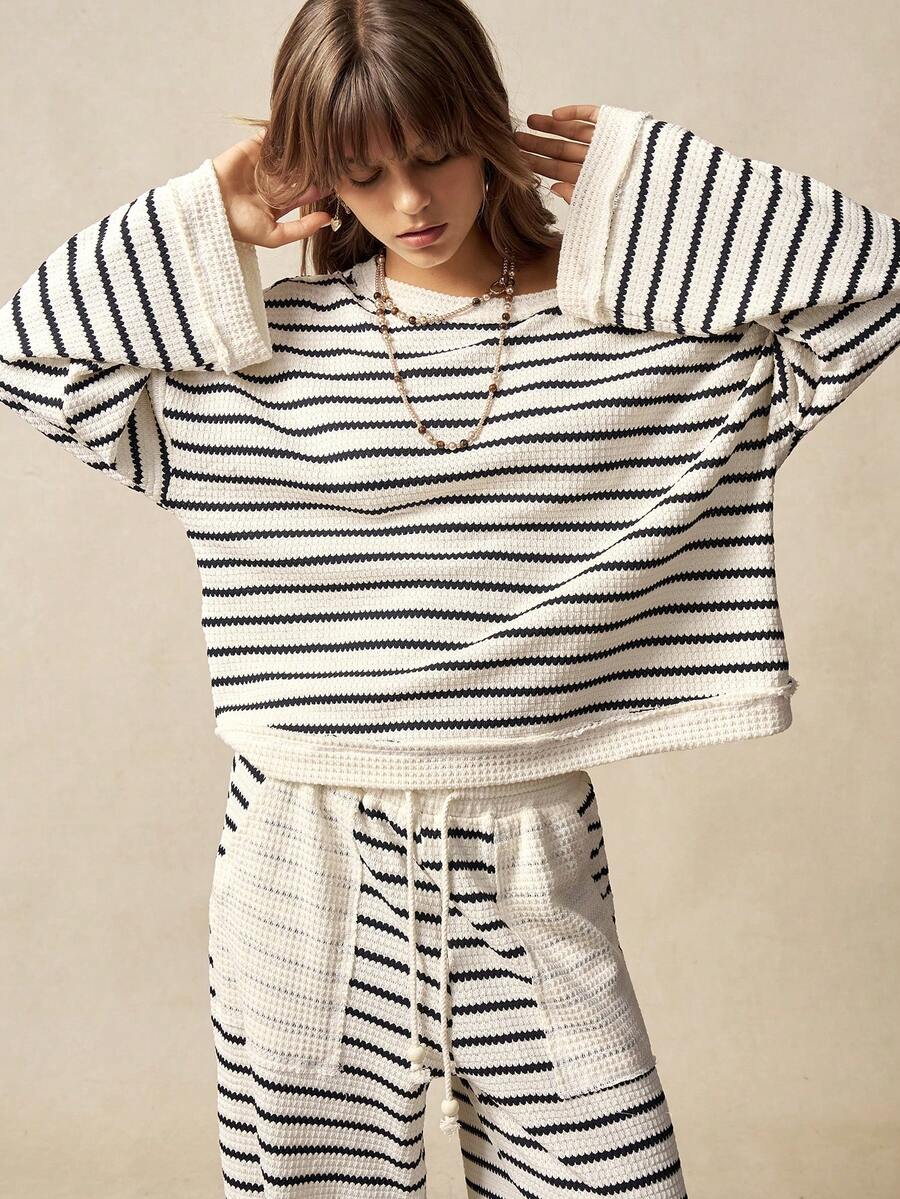 Bohemela Boho Vacation Casual Striped Loose Knit T-Shirt & Wide Leg Pants 2 Pieces Set For Women - Black and White - View 1