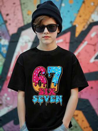 SHEIN Fantacosmos Boys' Casual Funny Number 67 & Ice Cream Graphic Print Basic Short Sleeve T-Shirt