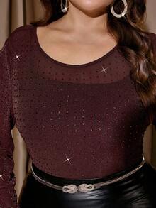 SHEIN Clasi Áo lưới ôm sát cỡ lớn dành cho nữ, phù hợp cho mọi mùa, áo lưới ôm sát, áo nữ dự tiệc Giáng sinh và Năm mới thanh lịch, phù hợp cho mọi mùa - màu nâu - Xem 7