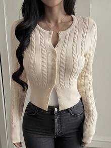 DAZY Women's Fitted Waist Cable Knit Cropped Cardigan - Apricot - View 4