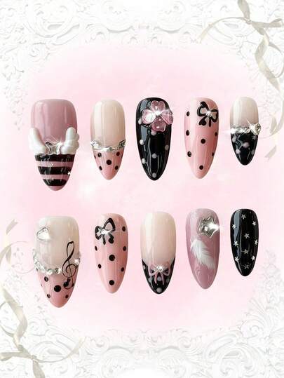 Anime 10pcs Cute Bowknot Music Note Star Element High Quality Handmade False Nails + 3pcs Double-Sided Adhesive, Y2K French Style Rhinestone Chain Polka Dot Removable Nail Art Stickers, Suitable For Holidays, Parties, Dancing And Daily Wear