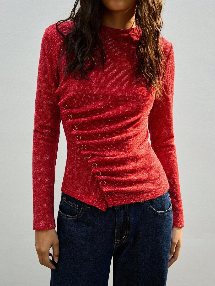 Maija 女款素色圓領長袖抓皺修身T恤 紅色上衣 女款長袖上衣 紅色長袖上衣 - 紅色 - 查看 1