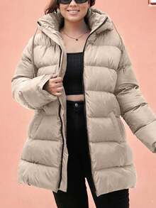 EURMUSE Plus Size Zip Up Drawstring Hooded Padded Coat - Cream - View 8