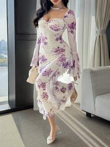 Modelyn Đầm nữ thanh lịch in hoa, cổ hình trái tim, tay xòe, thích hợp cho mùa thu. - Nhiều màu - Xem 1