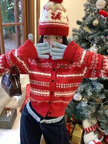 DAZY Contrast Color Jacquard Red Christmas Combination Long Sleeve Round Neck Casual Knit Sweater For Women,New Year - Red - View 1