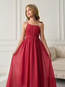 Tween Girls Elegant Burgundy Summer Wedding Formal Flower Girl Dress,Chiffon Spaghetti Strap Sleeveless Puffy Princess Ball Gown For Graduation - Red - View 6