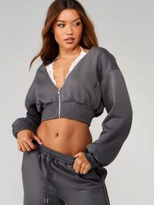 MISSGUIDED Brushback Zip Up Cropped Sweatshirt With Lace Bralette Detail Long Sleeve Fall Winter Comfort Pullover Top - Grey - View 1