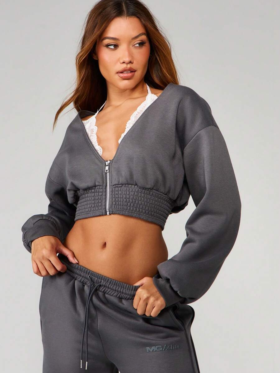 MISSGUIDED Brushback Zip Up Cropped Sweatshirt With Lace Bralette Detail Long Sleeve Fall Winter Comfort Pullover Top - Grey - View 1