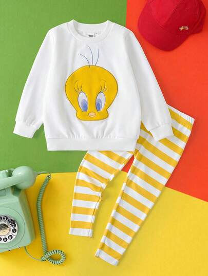 2 st/set vit tröja med broderi och tecknad Tweety-fågel för ung flicka och gulvita randiga leggings, lämplig för höst/vinter