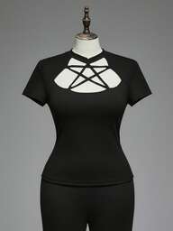 Plus Size Women Gothic Hollow Out Star Lace-Up Front Tight Fit T-Shirt