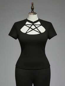 Áo thun bó sát mặt trước họa tiết ngôi sao Gothic khoét rỗng cỡ lớn cho nữ - màu đen - Xem 1