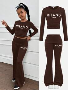 SHEIN Tween Girl Casual Brown Round Neck Letter Print Ruched Long Sleeve Fitted Knit Top And Flare Pants Set, Suitable For Home And Outings, Flare Pants Set, Mommy And Me Matching Outfits, Casual Two Piece Set, 2 Piece Pants Set - Brown - View 1