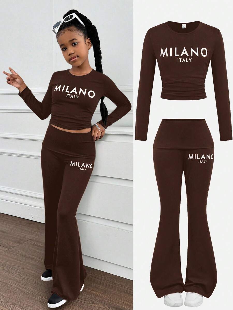 SHEIN Tween Girl Casual Brown Round Neck Letter Print Ruched Long Sleeve Fitted Knit Top And Flare Pants Set, Suitable For Home And Outings, Flare Pants Set, Mommy And Me Matching Outfits, Casual Two Piece Set, 2 Piece Pants Set - Brown - View 1